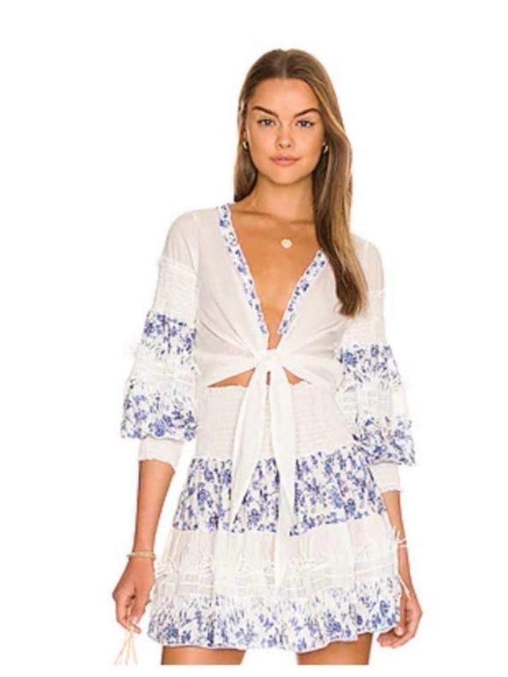 Chio White & Blue Floral Tie-Front Smocked Skirt Set